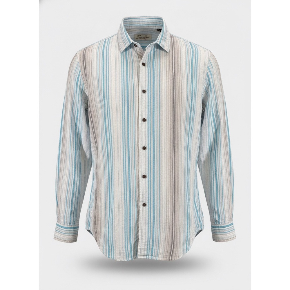 Tasso Elba Mens Blue Tan Striped Long Sleeve Button Down Shirt Casual XL